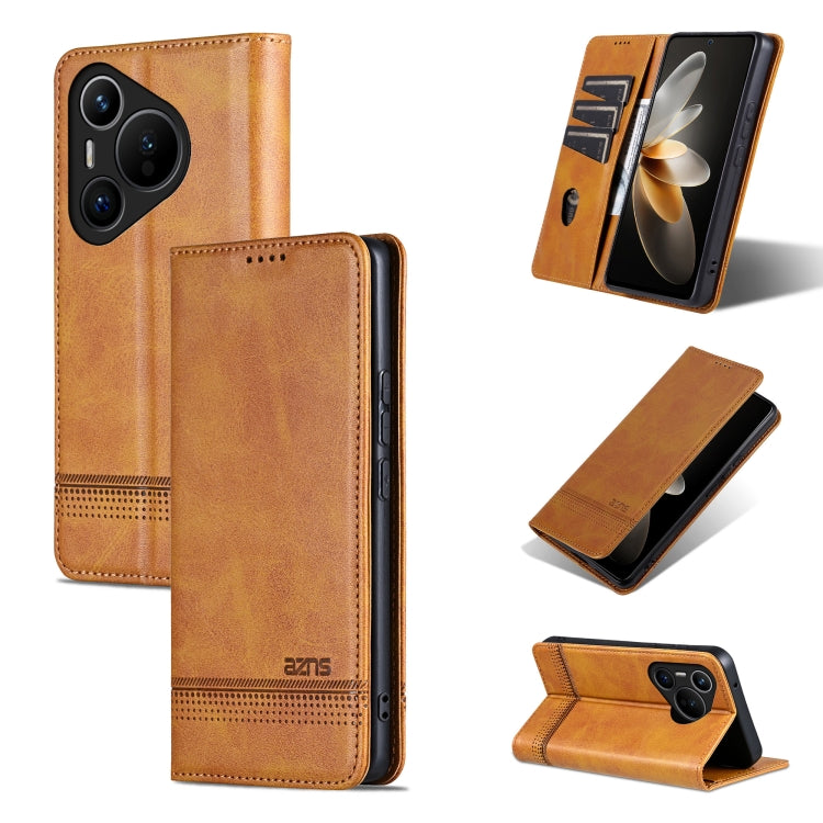 For Huawei Pura 70 Fine Hole AZNS Magnetic Calf Texture Flip Leather Phone Case(Light Brown) by AZNS