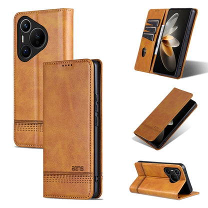 For Huawei Pura 70 Fine Hole AZNS Magnetic Calf Texture Flip Leather Phone Case(Light Brown) by AZNS