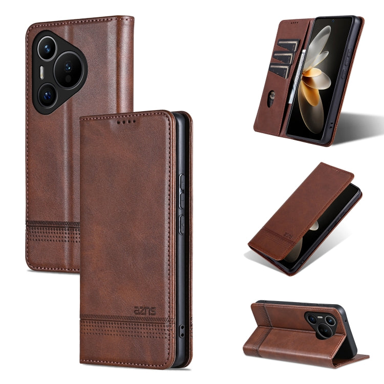 For Huawei Pura 70 Fine Hole AZNS Magnetic Calf Texture Flip Leather Phone Case(Dark Brown) by AZNS
