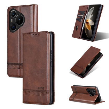 For Huawei Pura 70 Fine Hole AZNS Magnetic Calf Texture Flip Leather Phone Case(Dark Brown) by AZNS
