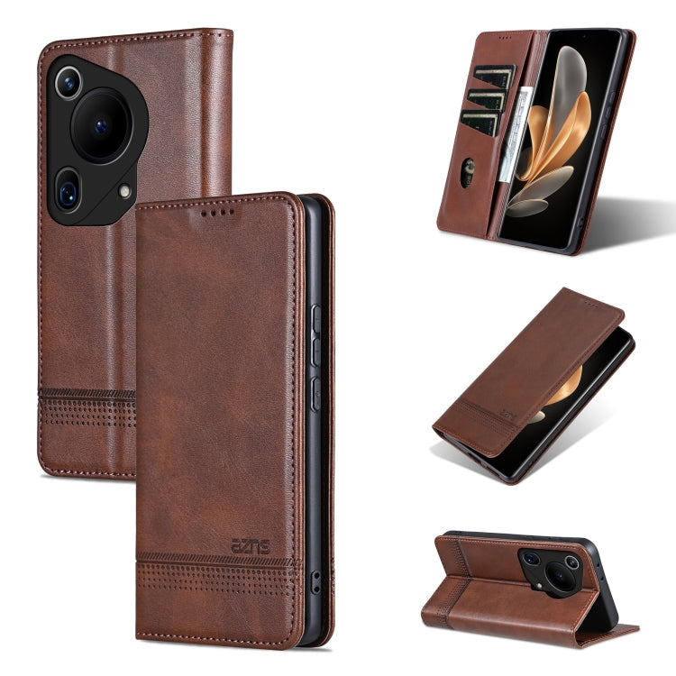 For Huawei Pura 70 Ultra AZNS Magnetic Calf Texture Flip Leather Phone Case(Dark Brown) by AZNS