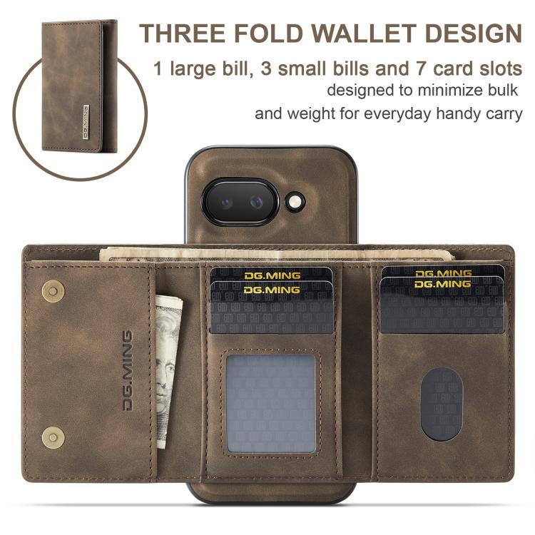 For Google Pixel 9a DG.MING M1 Series 3-Fold Multi Card Wallet + Magnetic Phone Case(Coffee) by DG.MING