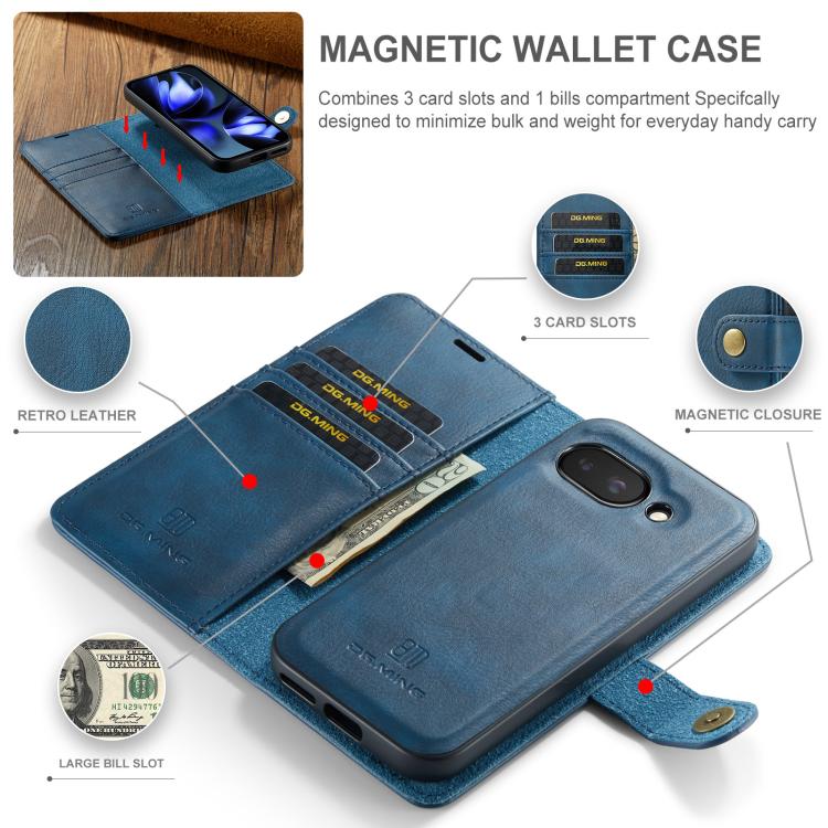 For Google Pixel 9a DG.MING Crazy Horse Texture Detachable Magnetic Leather Phone Case(Blue) by DG.MING