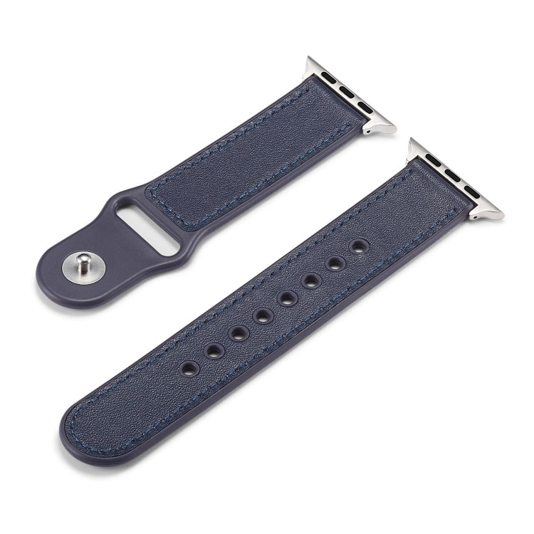 For Apple Watch Series 7 45mm / 6 & SE & 5 & 4 44mm / 3 & 2 & 1 42mm Single Buckle TPU+ Genuine Leather Watch Band(Dark Blue) by bashfashion