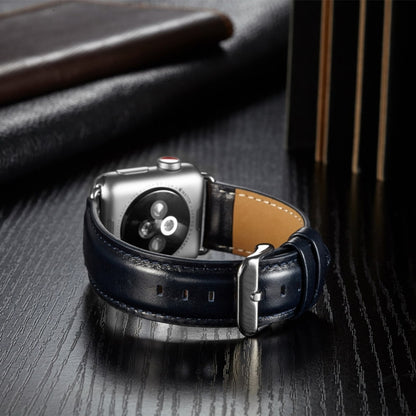 For Apple Watch Series 7 41mm / 6 & SE & 5 & 4 40mm / 3 & 2 & 1 38mm Crazy Horse Texture Top-grain Leather Watch Band(Dark Blue) by bashfashion