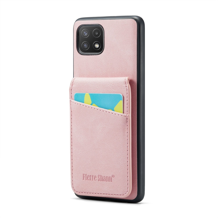 For Samsung Galaxy A22 5G Fierre Shann Crazy Horse Card Holder Back Cover PU Phone Case(Pink) by FIERRE SHANN