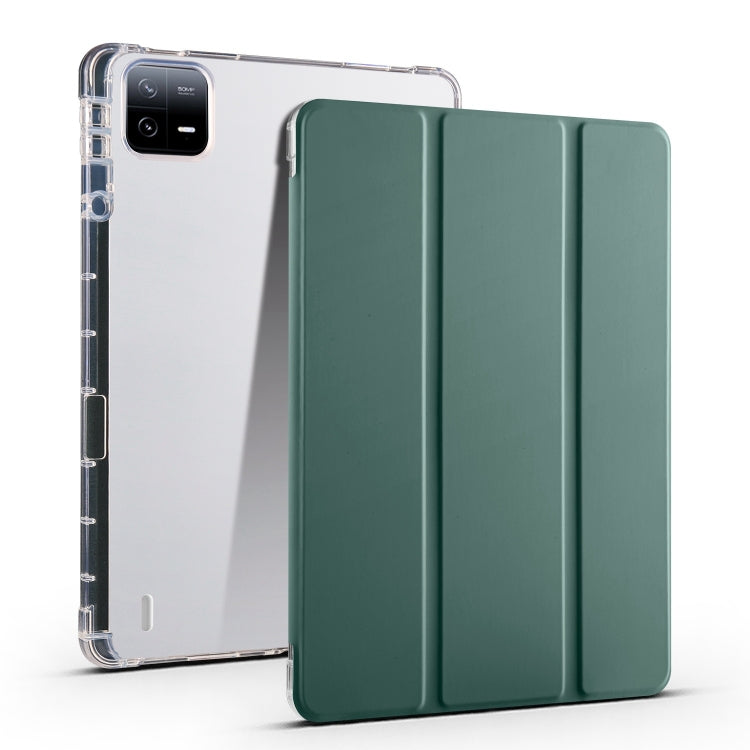 For Xiaomi Pad 7 / 7 Pro 3-fold Clear TPU Smart Leather Tablet Case with Pen Slot(Dark Green) by bashfashion