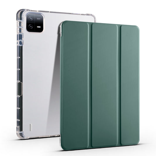 For Xiaomi Pad 7 / 7 Pro 3-fold Clear TPU Smart Leather Tablet Case with Pen Slot(Dark Green) by bashfashion