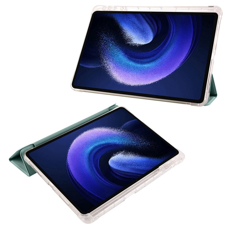 For Xiaomi Pad 7 / 7 Pro 3-fold Clear TPU Smart Leather Tablet Case with Pen Slot(Dark Green) by bashfashion