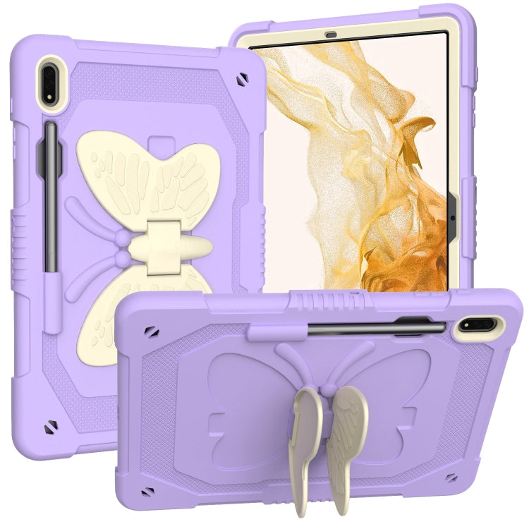 For Samsung Galaxy Tab S8+ / S7+ Butterfly Kickstand Heavy Duty Hard Rugged Tablet Case(Beige+Raro Purple) by bashfashion