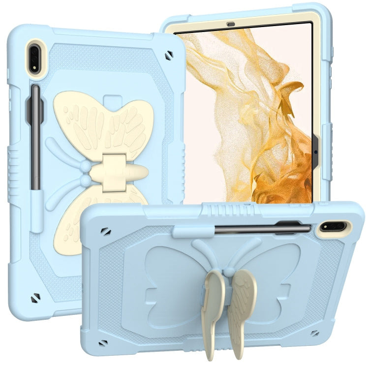 For Samsung Galaxy Tab S8+ / S7+ Butterfly Kickstand Heavy Duty Hard Rugged Tablet Case(Beige+Ice Blue) by bashfashion