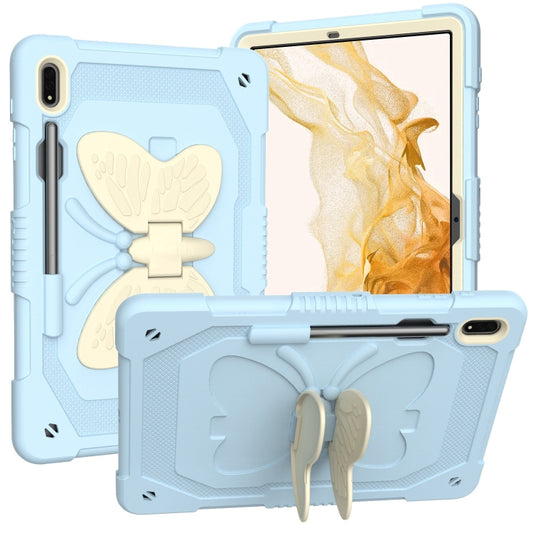 For Samsung Galaxy Tab S8+ / S7+ Butterfly Kickstand Heavy Duty Hard Rugged Tablet Case(Beige+Ice Blue) by bashfashion
