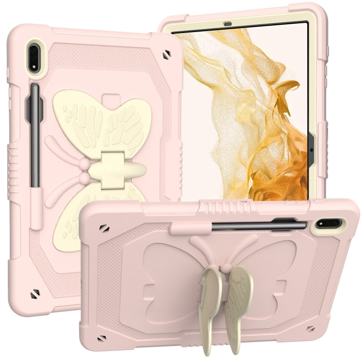 For Samsung Galaxy Tab S8+ / S7+ Butterfly Kickstand Heavy Duty Hard Rugged Tablet Case(Beige+Rose Pink) by bashfashion