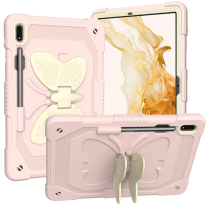 For Samsung Galaxy Tab S8+ / S7+ Butterfly Kickstand Heavy Duty Hard Rugged Tablet Case(Beige+Rose Pink) by bashfashion