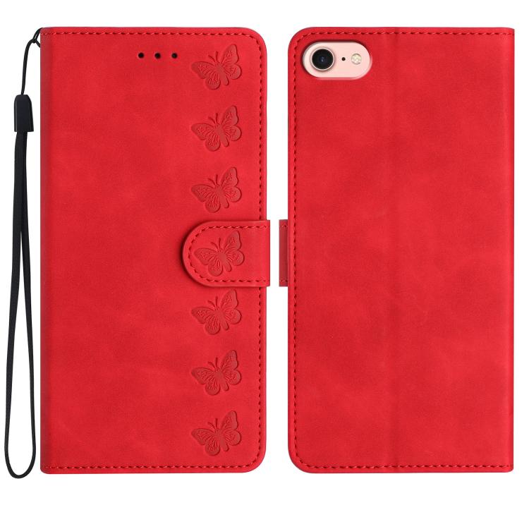 For iPhone 16e Seven Butterflies Embossed Leather Phone Case(Red) by bashfashion