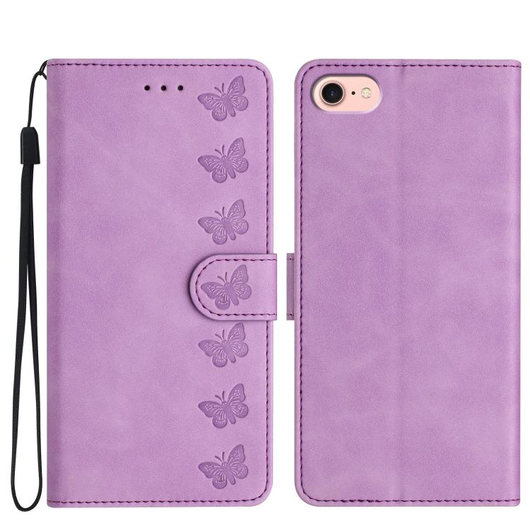 For iPhone 16e Seven Butterflies Embossed Leather Phone Case(Purple) by bashfashion
