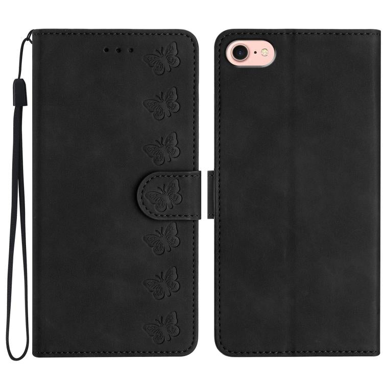 For iPhone 16e Seven Butterflies Embossed Leather Phone Case(Black) by bashfashion