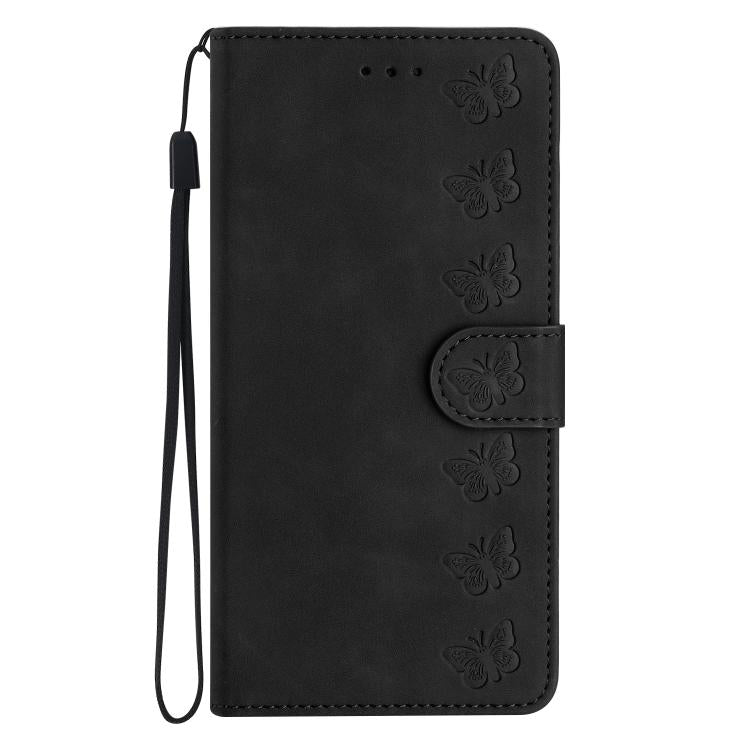 For iPhone 16e Seven Butterflies Embossed Leather Phone Case(Black) by bashfashion