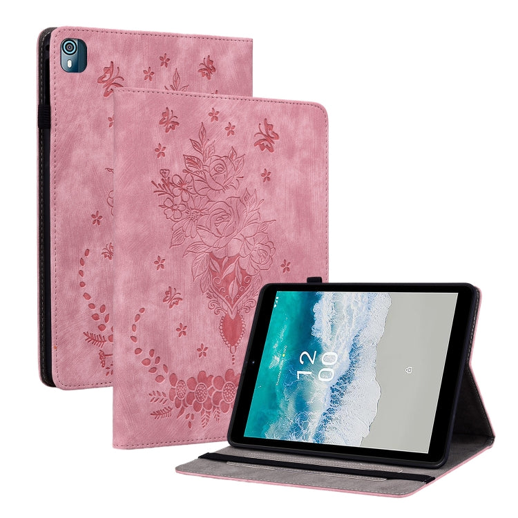 For Nokia T10 Butterfly Rose Embossed Leather Tablet Case(Pink) by bashfashion