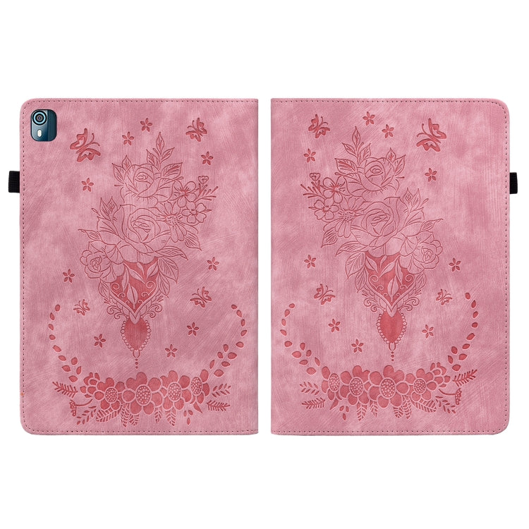 For Nokia T10 Butterfly Rose Embossed Leather Tablet Case(Pink) by bashfashion