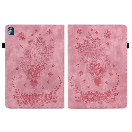 For Nokia T10 Butterfly Rose Embossed Leather Tablet Case(Pink) by bashfashion