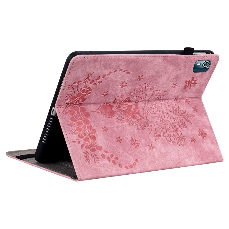 For Nokia T10 Butterfly Rose Embossed Leather Tablet Case(Pink) by bashfashion