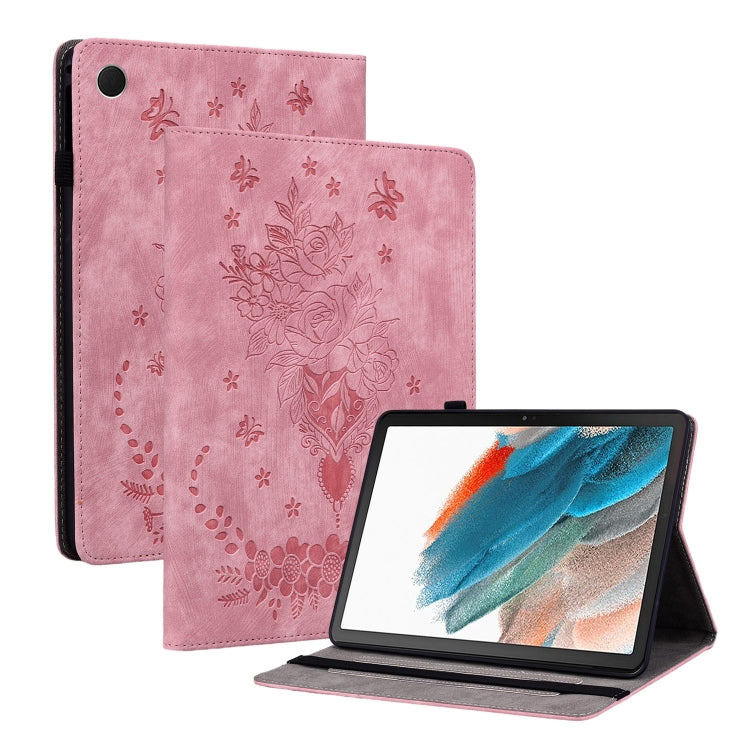 For Samsung Galaxy Tab A8 10.5 2021 X205 Butterfly Rose Embossed Leather Smart Tablet Case(Pink) by bashfashion