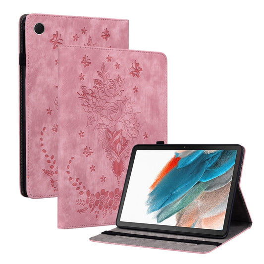 For Samsung Galaxy Tab A8 10.5 2021 X205 Butterfly Rose Embossed Leather Smart Tablet Case(Pink) by bashfashion