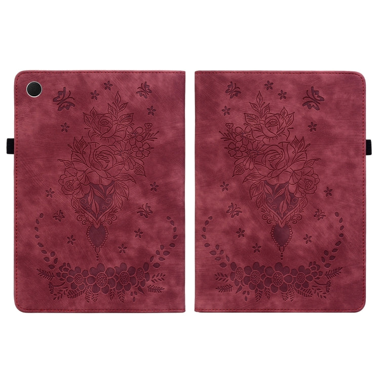For Samsung Galaxy Tab A8 10.5 2021 X205 Butterfly Rose Embossed Leather Smart Tablet Case(Red) by bashfashion