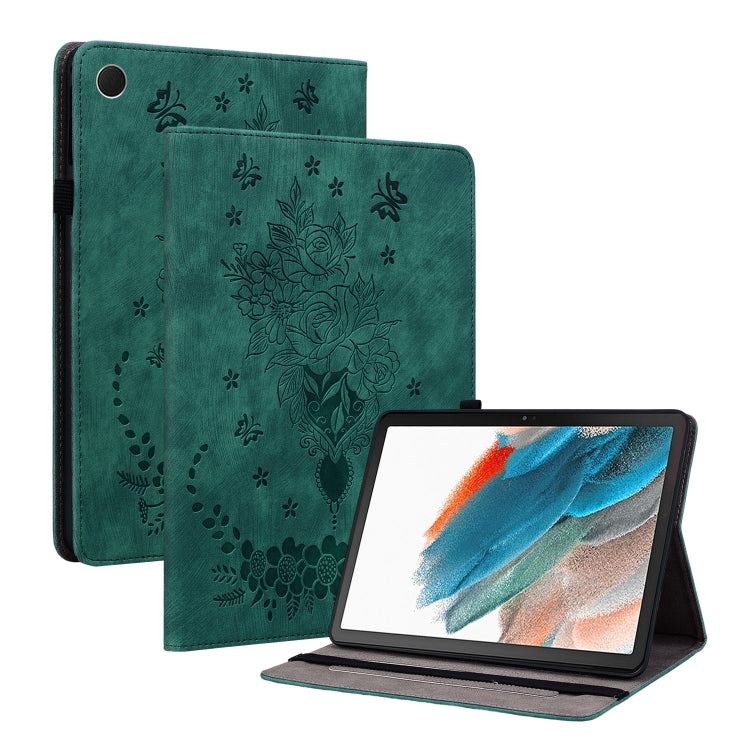 For Samsung Galaxy Tab A8 10.5 2021 X205 Butterfly Rose Embossed Leather Smart Tablet Case(Green) by bashfashion