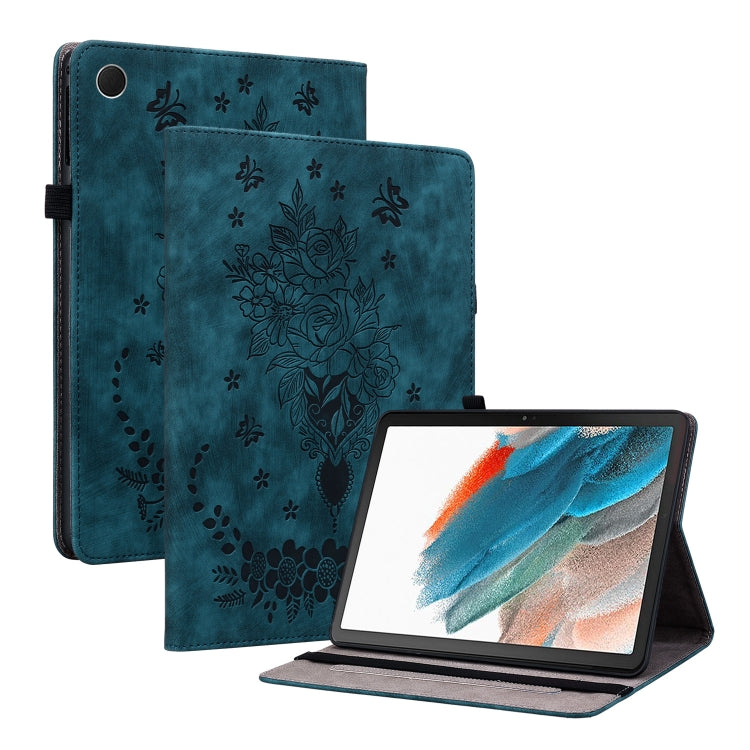 For Samsung Galaxy Tab S6 Lite P610 Butterfly Rose Embossed Leather Smart Tablet Case(Dark Blue) by bashfashion