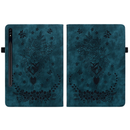 For Samsung Galaxy Tab S7 / S8 Butterfly Rose Embossed Leather Tablet Case(Dark Blue) by bashfashion