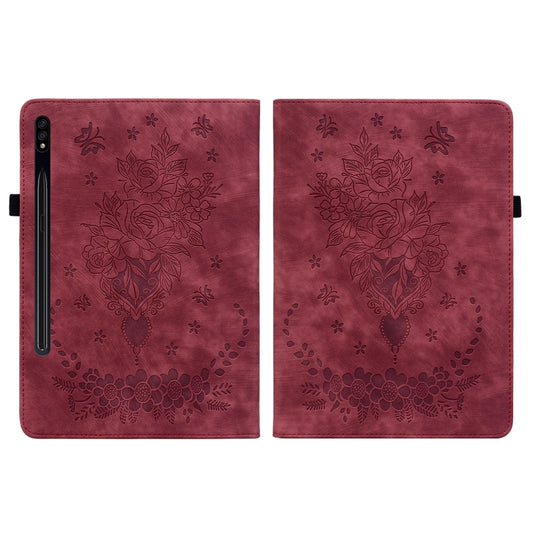 For Samsung Galaxy Tab S8+ / S7+ / S7 FE Butterfly Rose Embossed Leather Tablet Case(Red) by bashfashion