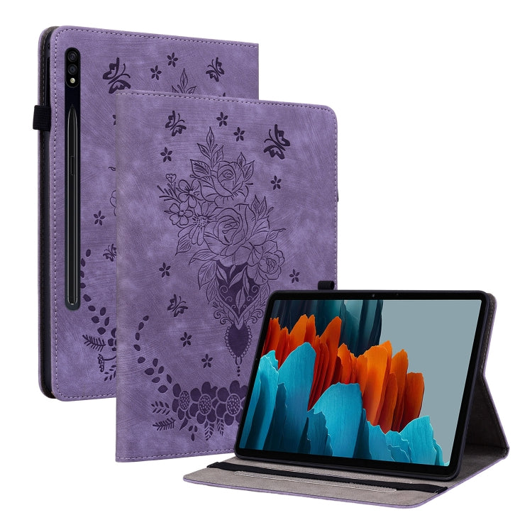 For Samsung Galaxy Tab S9 Butterfly Rose Embossed Leather Tablet Case(Purple) by bashfashion
