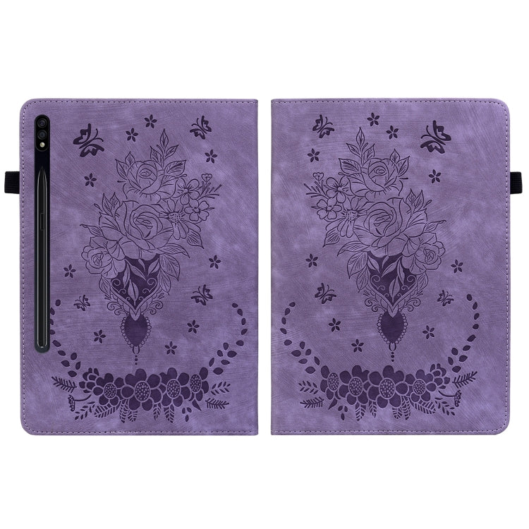 For Samsung Galaxy Tab S9 Butterfly Rose Embossed Leather Tablet Case(Purple) by bashfashion