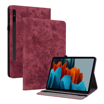 For Samsung Galaxy Tab S9 Butterfly Rose Embossed Leather Tablet Case(Red) by bashfashion
