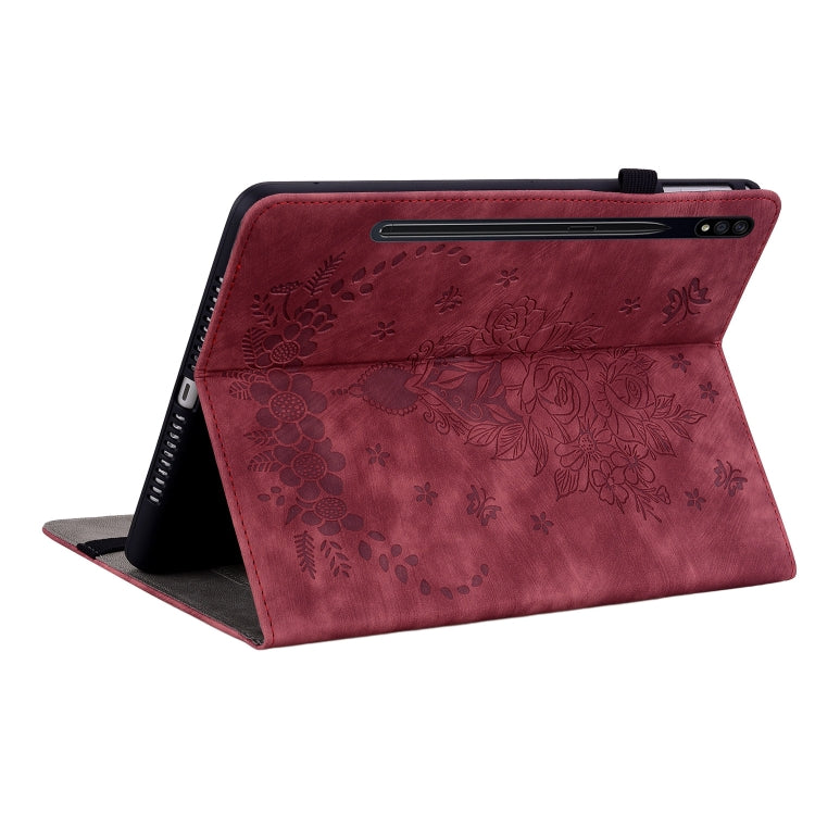 For Samsung Galaxy Tab S9 Butterfly Rose Embossed Leather Tablet Case(Red) by bashfashion