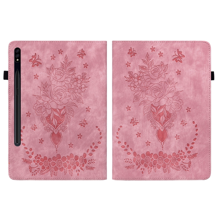 For Samsung Galaxy Tab S9+ Butterfly Rose Embossed Leather Tablet Case(Pink) by bashfashion