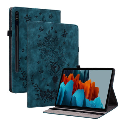 For Samsung Galaxy Tab S9+ Butterfly Rose Embossed Leather Tablet Case(Dark Blue) by bashfashion