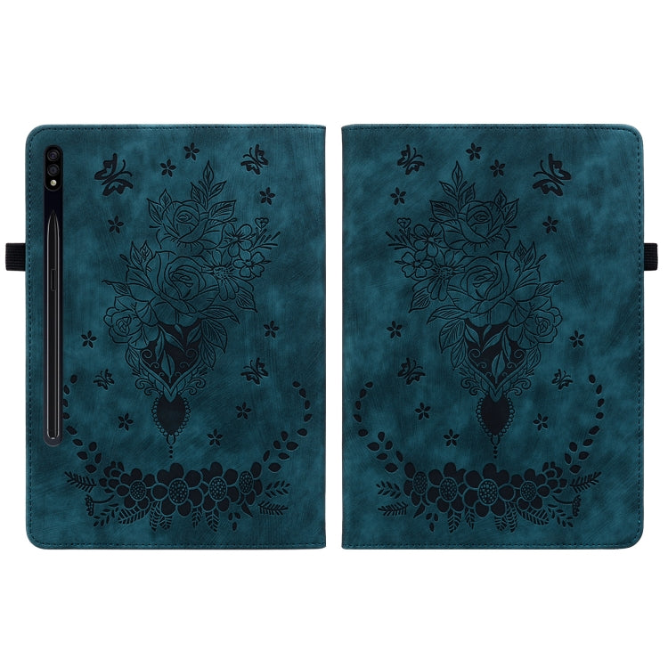 For Samsung Galaxy Tab S9+ Butterfly Rose Embossed Leather Tablet Case(Dark Blue) by bashfashion