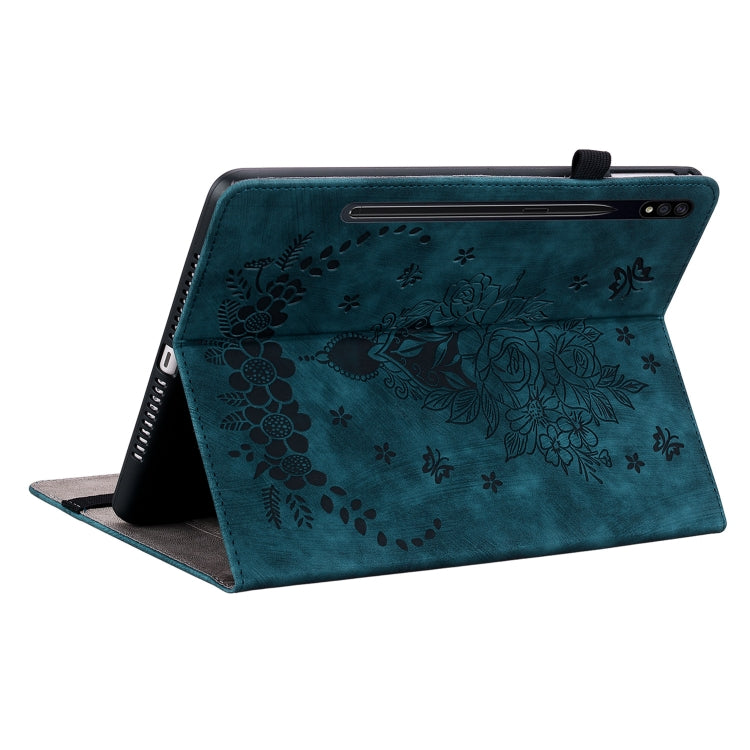 For Samsung Galaxy Tab S9+ Butterfly Rose Embossed Leather Tablet Case(Dark Blue) by bashfashion