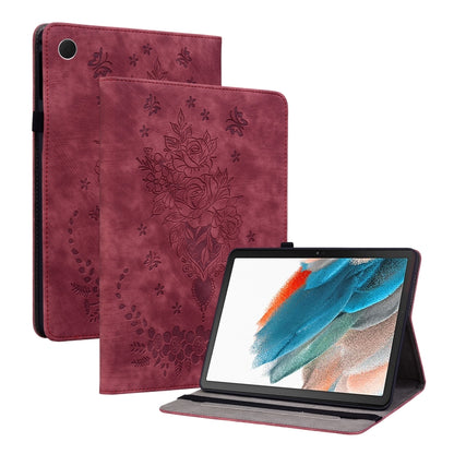 For Samsung Galaxy Tab А9 Butterfly Rose Embossed Leather Tablet Case(Red) by bashfashion