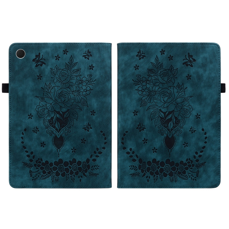 For Samsung Galaxy Tab А9 Butterfly Rose Embossed Leather Tablet Case(Dark Blue) by bashfashion