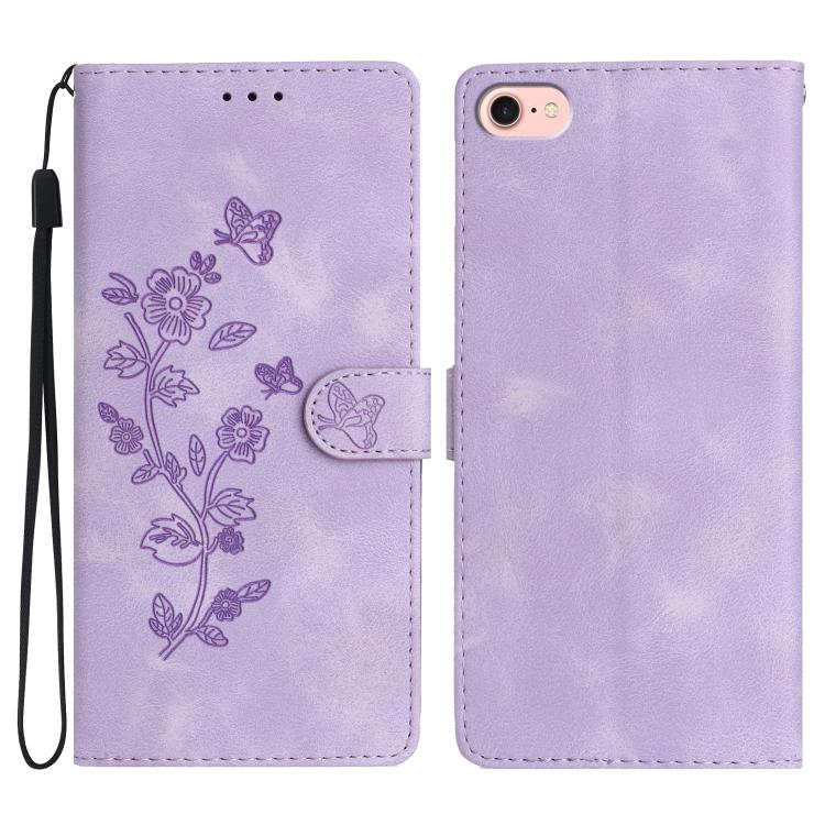For iPhone 16e Flower Butterfly Embossing Pattern Leather Phone Case(Purple) by bashfashion