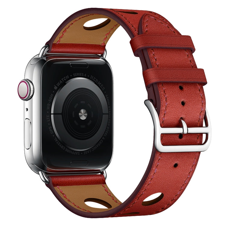 For Apple Watch Series 7 45mm / 6 & SE & 5 & 4 44mm / 3 & 2 & 1 42mm Leather Three Holes Watch Band(Red) by bashfashion