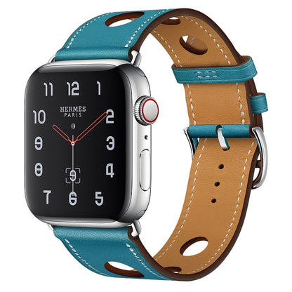 For Apple Watch Ultra 49mm / Series 8&7 45mm / SE 2&6&SE&5&4 44mm / 3&2&1 42mm Leather Three Holes Watch Band(Blue) by bashfashion