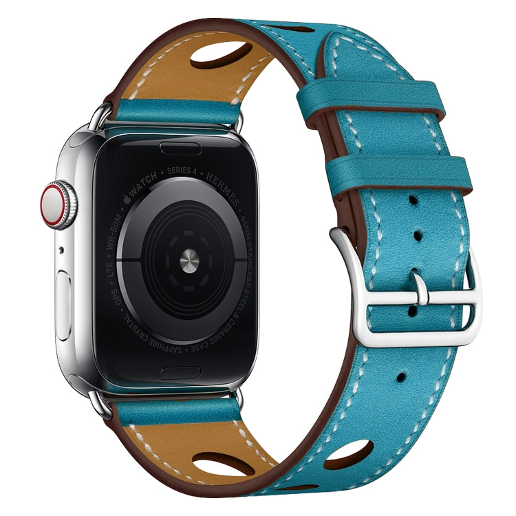 For Apple Watch Ultra 49mm / Series 8&7 45mm / SE 2&6&SE&5&4 44mm / 3&2&1 42mm Leather Three Holes Watch Band(Blue) by bashfashion