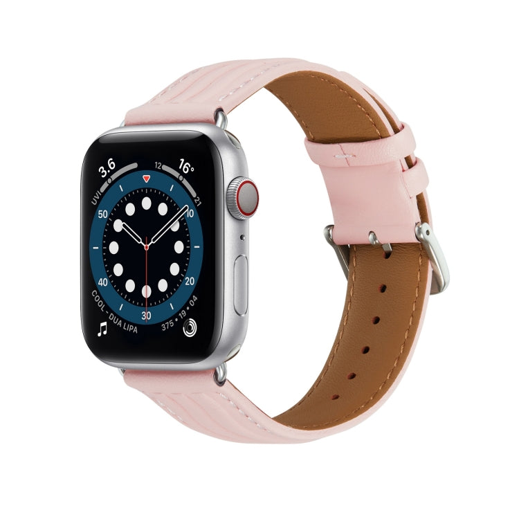 Embossed Line Genuine Leather Watch Band For Apple Watch 8 45mm(Pink) by bashfashion