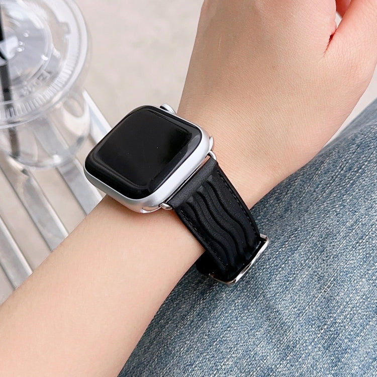 Embossed Line Genuine Leather Watch Band For Apple Watch SE 2023 44mm(Black) by bashfashion