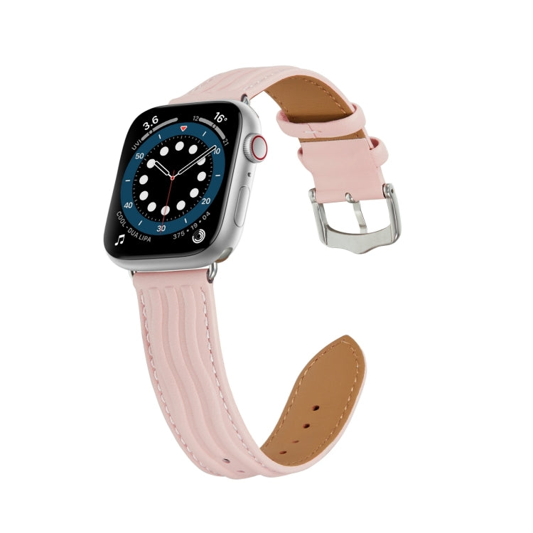 Embossed Line Genuine Leather Watch Band For Apple Watch SE 2023 44mm(Pink) by bashfashion